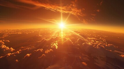 Wall Mural - 3D Render Sunrise View from Space on Planet Earth, Red bright sunset with the rays of the sun at a bird39s eye view from space and clouds beautiful landscape wallpaper for desktop realistic