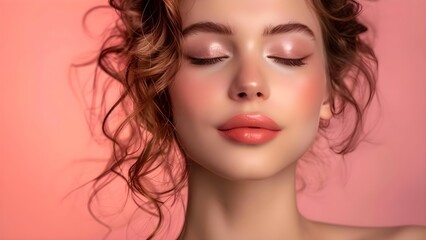 Wall Mural - Beautiful young woman with eyes closed on a pink background: beauty and cosmetics. Concept Beauty, Cosmetics, Portrait Photography, Young Women, Pink Background