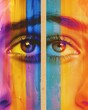 Collage of closeup male and female eyes isolated on colored neon backgorund Multicolored stripes Flyer with copy space for ad Concept of equality