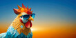A stylized, geometric patterned rooster wearing cool sunglasses against a sunset backdrop. It exudes a funky and modern vibe with sharply angled feathers and a warm colour transition.AI generated.