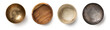 © Anja Kaiser - set of four small bowls, different materials: a golden brass bowl, two wooden bowls and an old silver one with texture isolated over transparency, desk, table or food design elements, top view