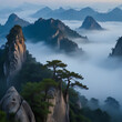 Standing at the halfway point of Huangshan, gazing upon the vast expanse of flat land, the mountains roll continuously, enveloped in wisps of blue and white smoke,