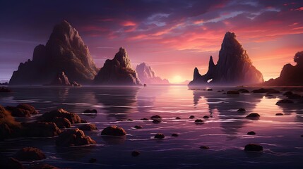 Fantasy alien planet. Mountain and lake. 3D illustration.