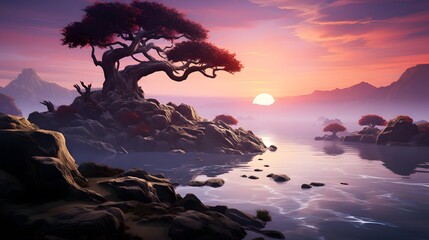 Wall Mural - Bonsai tree in the sea at sunset - 3D render