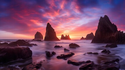 Wall Mural - Beautiful panoramic seascape of a rocky beach at sunset