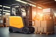 © sorin - Forklift in retail warehouse logistics center with shelves full of products in cardboard boxes