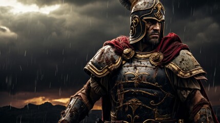 Roman Legionnaire in full armor raising a standard against stormy skies