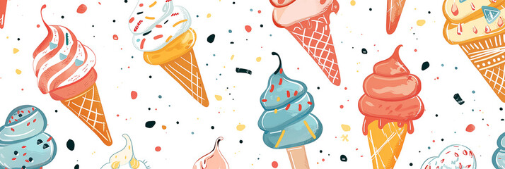 Wall Mural - Pattern with variety of ice cream designs on white background banner. Panoramic web header. Wide screen wallpaper