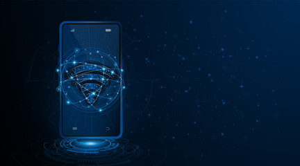 Aufkleber - Abstract wifi symbol with smartphone on the background. Communication technology concept, internet signal or wireless connection
