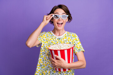 Poster - Photo of pretty young woman 3d glasses cinema movie movie pop corn wear t-shirt isolated on violet color background