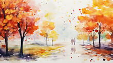 Paint A Watercolor Background Capturing An Autumn Park Scene With Falling Leaves