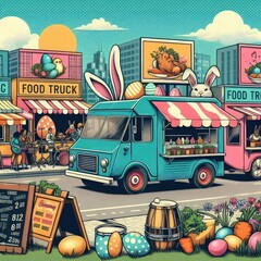 Wall Mural - Easter food bus easter funny animals