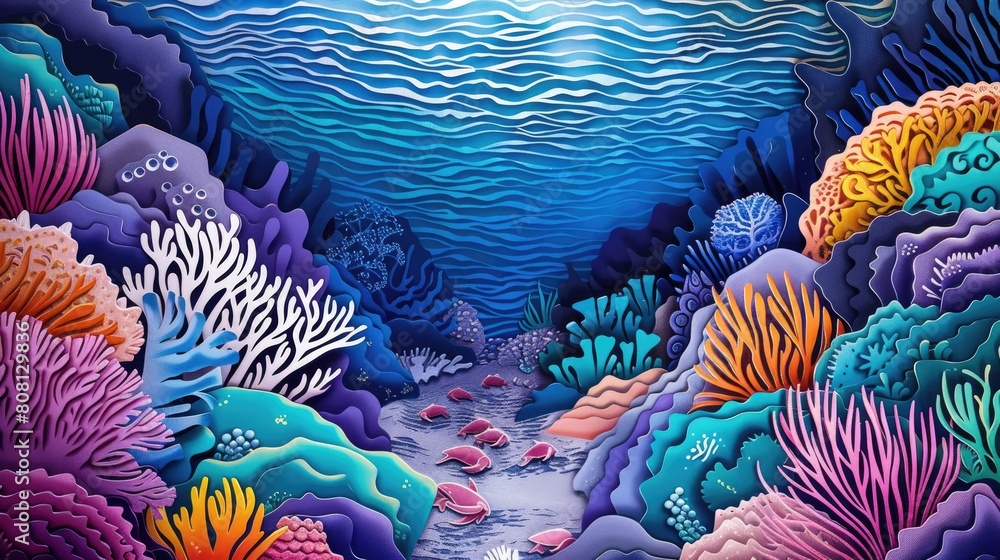 Reef Color Paper Papercut art of coral reefs, with vibrant colored paper turning white ...