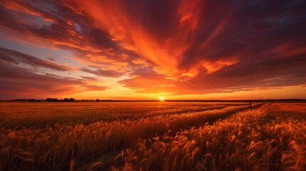 Wall Mural - Vibrant sunset over golden fields with swirling clouds