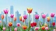 Urban spring meadow with vibrant tulips city skyline backdrop
