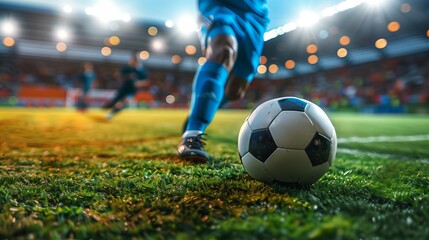 Poster - professional soccer player kick ball at stadium closeup shot, football match and championship, leg in sport shoe close-up