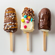 A classic depiction of ice cream on a stick, typically shown as a frozen treat with a smooth, creamy texture, available in various flavors and colors, often dipped in chocolate or sprinkled with toppi