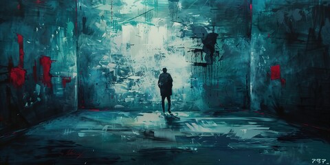 Wall Mural - a man with messy wall with graffiti scripture, mysterious and horror feeling atmosphere background, dark fantasy illustration , Generative Ai