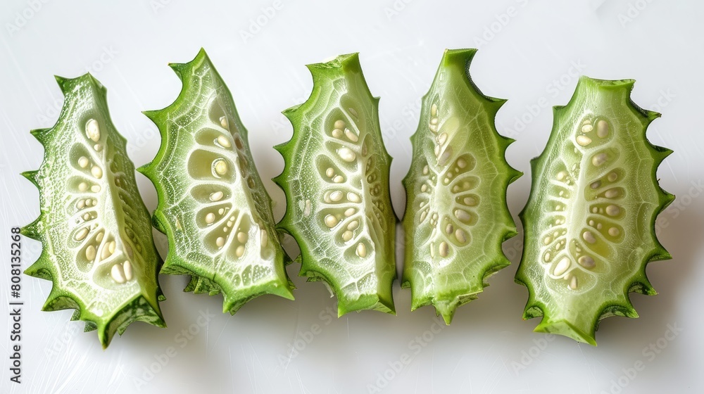 Several slices of bitter melon arranged in a fan shape, showcasing ...