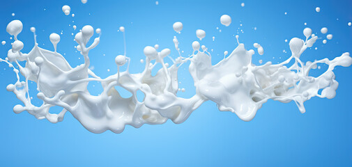 Wall Mural - Milk splash or cream wave with drops on blue background, wide illustration.