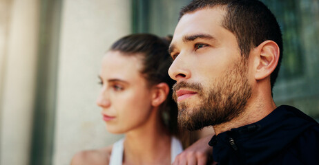 Poster - Fitness, break or face of couple in city for running workout, outdoor training or exercise in London, England. Sports people, runners and man with woman for support, wellness or marathon challenge