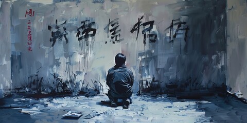 Wall Mural - an Asian man with messy wall with graffiti scripture, mysterious and horror feeling atmosphere background, dark fantasy illustration , Generative Ai