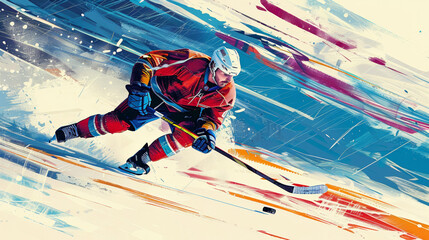 Wall Mural - stylish dynamic illustration of ice hockey player with stick in action, winter sport poster