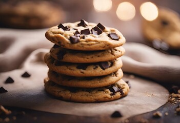 Wall Mural - AI generated illustration of chocolate chip cookies on wooden board with backlighting