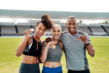 Poster - Portrait, people and running team with success in celebration of winners medal achievement in sports. Fitness, race event and happy athletes excited with pride, gold or victory in track and field