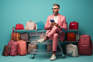 stylish caucasian man pushing a shopping cart full of products and Home Appliances, blue background, side view