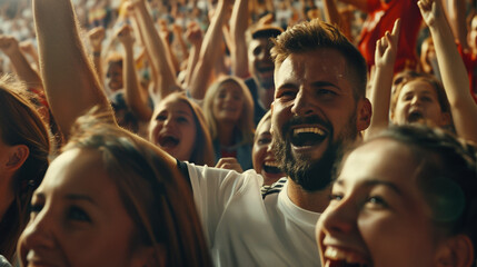 cheefrul german football fan screaming after goal, happy growd celebrating soccer team victory on stadium, Germany Euro 2024 concept