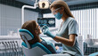 female dentist performing a dental procedure on a patient in a modern clinic