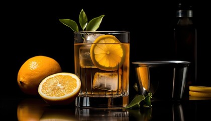 Close-up view of a glass filled with a drink, accompanied by two lemons sliced on the side