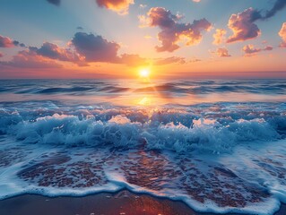 Wall Mural - Digital painting of the sea rising into the sky The clear waters with waves crashing into the sky are beautifully colored by the warmth of the sun rising above the horizon. Pleasant atmosphere.