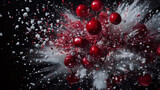 Fototapeta  - An explosion of cherry red and snowy white powder, creating a dramatic and festive visual on a black background, reminiscent of a cosmic celebration.