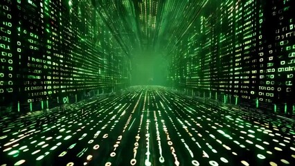 Video of green abstract binary code matrix background, banner. Virtual reality and science fiction.