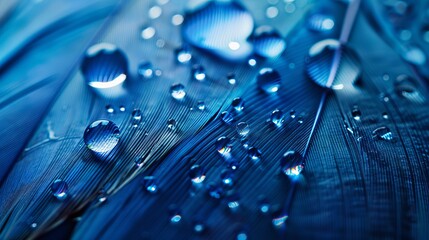 Wall Mural - Beautiful symbolic macro image of fragility and purity nature in form of perfect round water droplets on feather in blue colors.