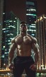 © goami - muscular bodybuilder athlete man with perfect body and naked torso on modern night city with skyscrapers background, caucasian bodybuilding athletic male in downtown