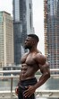 © goami - muscular bodybuilder athlete man with perfect body and naked torso on modern city with skyscrapers background, black african bodybuilding athletic male in downtown