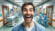  joyful doctor in a hospital setting, radiating joy as if they've just made medical discovery