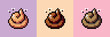Pixel art brown poop vector illustration set. Cartoon image emoji bunch shit. Icon pile of dog poo with flies in style of old eight-bit games isolated on color background.