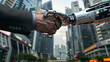 Businessman shakes hands with robot in futuristic cityscape