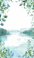 Aufkleber - Vertical watercolor postcard with a mountain landscape framed by a botanical frame with free space for text insertion