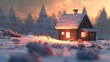 Close-up of a snowy landscape with a small, cozy cabin emitting warm light from windows