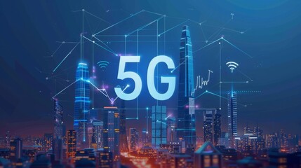 Aufkleber - A city skyline featuring a prominent 5G sign above the buildings, symbolizing advanced telecommunications technology and connectivity.