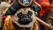 Pug dressed as a pirate with a patch over one eye and a hook