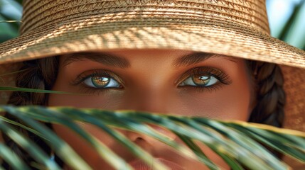 Wall Mural -   A tight shot of a woman wearing a straw hat, her blue eyes prominent in the frame