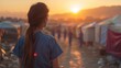 Humanitarian Aid Worker at Refugee Camp During Sunset. Generative ai