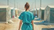 Female Healthcare Worker in Blue Scrubs at Refugee Camp. Generative ai
