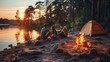 Friends Enjoying Sunset Camping by the Lake with Campfire. Generative ai